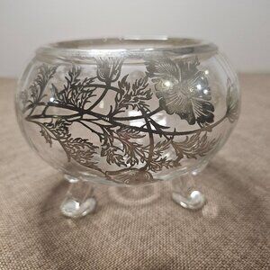 Silver City Flanders Poppy Sterling Overlay 3 Footed Clear Glass Bowl Vintage